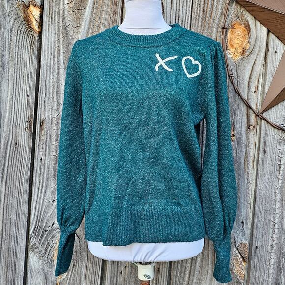 LC Lauren Conrad Sweaters - Green Metallic Sweater Sparkle Knit XO Heart LC Lauren Conrad Size M Medium NWT